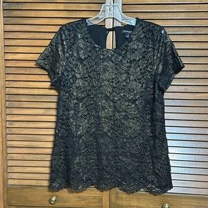 Banana Republic Black/Gold Lace Shimmer Short Sleeve Back Tie Top Blouse Size M